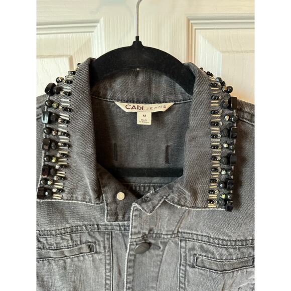 Cabi Cropped Black Denim Distressed Jewel Embellished Jacket Size M Whimsygoth - Picture 2 of 7